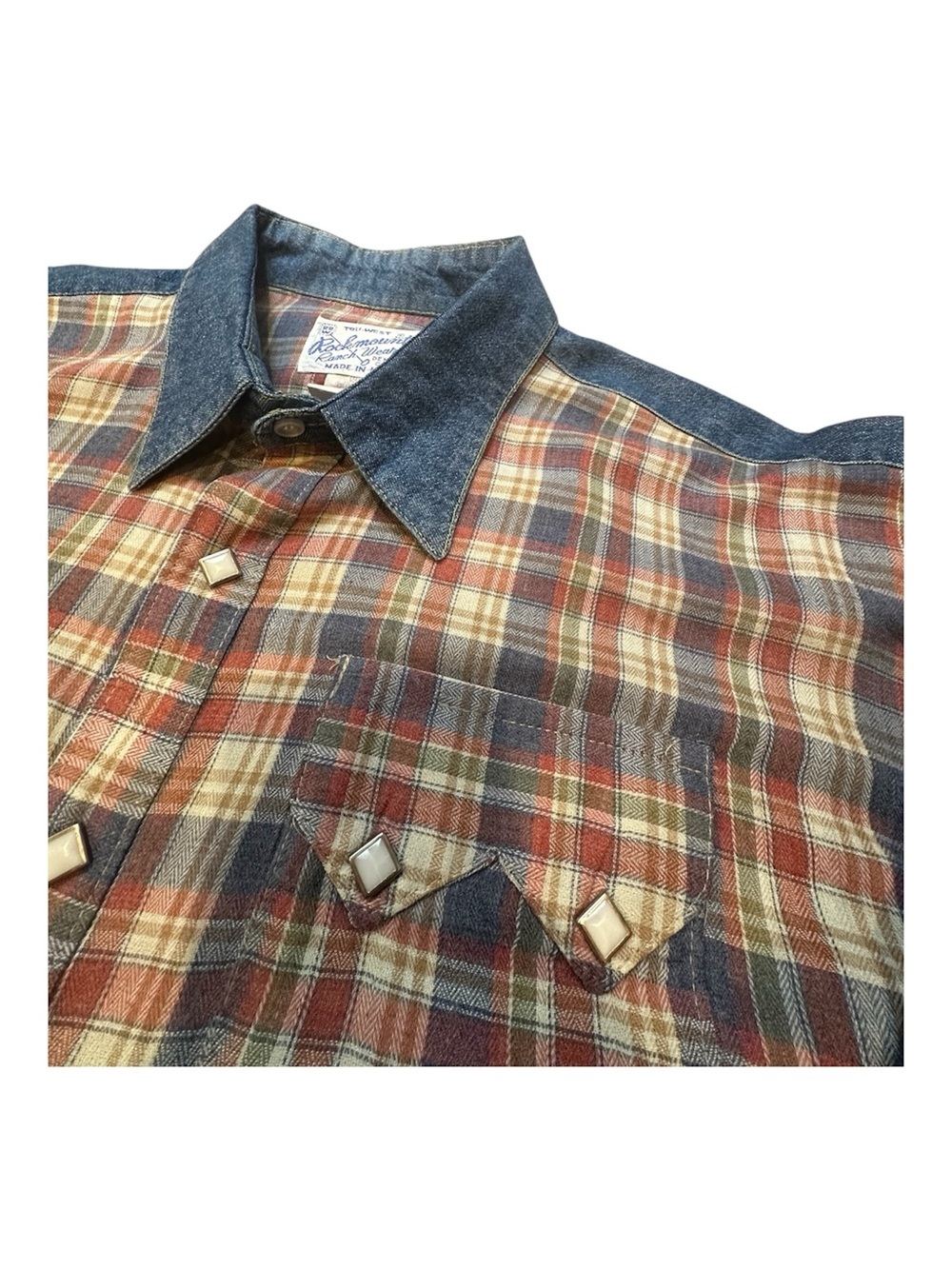 Vintage Plaid Western Shirt with Denim Yoke Sawtooth Pockets - Red/Blue